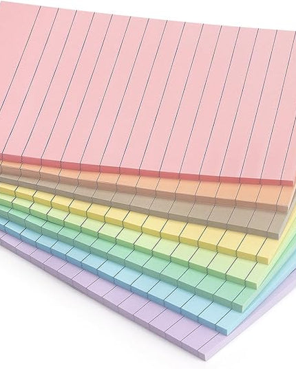 4x6 Inch Lined Sticky Notes, 8 Pack, Light Colors, Premium Self-Adhesive Notepads, Large Sticky Pads for Office, School & Home Use, Easy to Use, Reusable & Removable