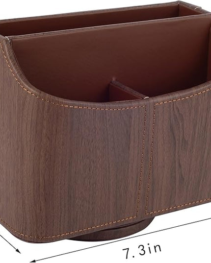 RHCSZ Brown 360 Degree Swiveling TV Remote Control Holder/Caddy, Leather Desk Organizer for Office and Home Furniture Decoration Storage Box(Dark wood grain)