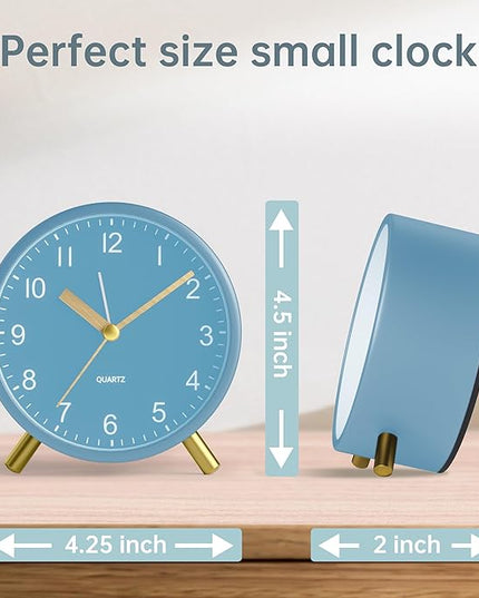 Analog Alarm Clock, 4 inch Super Silent Non Ticking Small Clock with Night Light, Battery Operated, Simple Design, easy setting for Office, Bedroom, Bedside, Desk, teens, elders, kids, adult, Skyblue