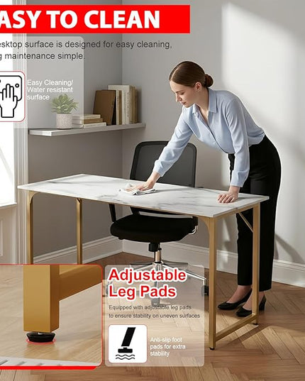 PayLessHere | 55 Inch Computer Desk | White Gold | Office Desk with Metal Frame, Adjustable Feet | Water-Resistant, Scratchproof Surface | Sturdy Writing Table for Home Office or Study | Pack of 1
