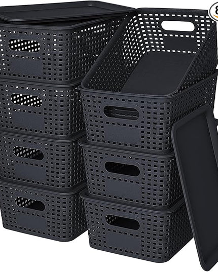 Plastic Storage Baskets with Lid-Plastic Storage Containers Stackable Storage bins: Storage Baskets for Organizing Shelves Drawers Desktop Closet Playroom Classroom Office, 8Pack-Black10.2x7.2x4.1Inch