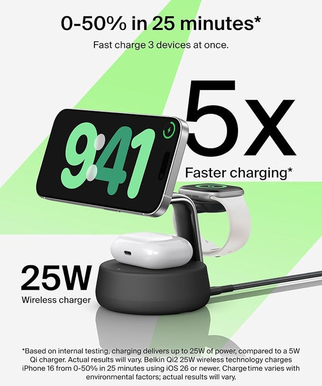 Belkin MagSafe Charger Compatible, 3-in-1 Charging Station, Qi2.2 25W w/Cooling Fan (On/Off Control) Magnetic Wireless Charger for iPhone 17, Apple Watch, AirPods, Pixel 10 (45W Adapter Included)