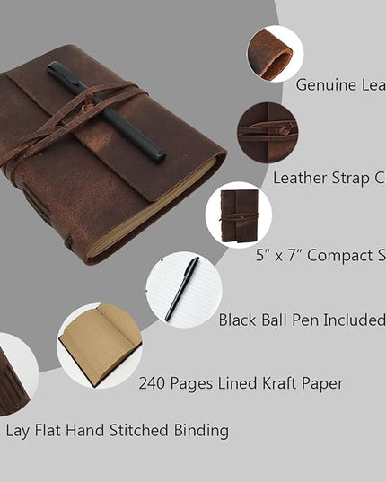 Leather Journal Writing Notebook - Genuine Leather Bound Daily Notepad for Men & Women Lined Paper 240 Kraft Pages, Handmade, Rustic Brown, 5 x 7 in