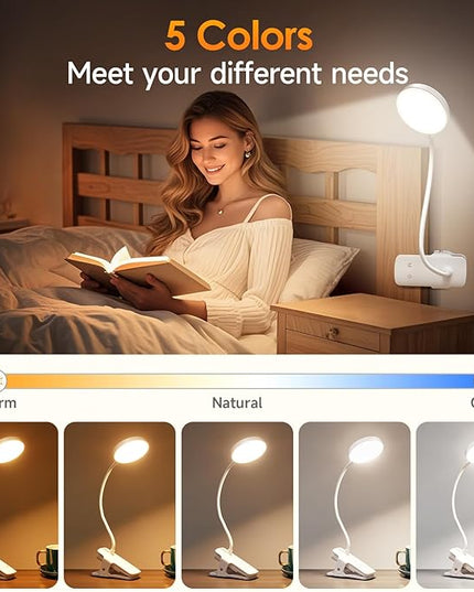 Mubarek Desk Light,3600mAh Battery Operated Light,5 Brightness+5 Color Clip on Reading Lamp,400LM 36 LED Desk Lamp with Clamp,Rechargeable Lamps Cordless Lamps, Reading Lights for Books in Bed,Table