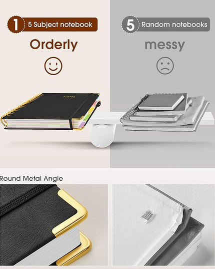 Hardcover Spiral Notebook journal with Removable Dividers Tabs, 300 Pages Leather 5 Subject Notebook College Ruled, 8"x10" Large B5 Notebooks for Work School Note taking, Lined Journal for Women,Black