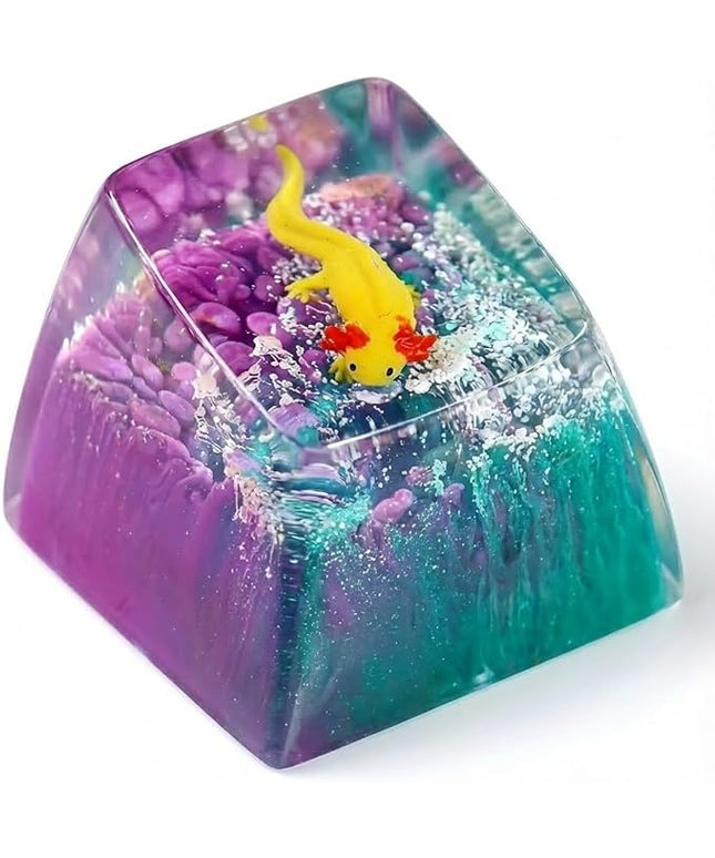 Yellow Axolotl in Blue Purple Ocean Artisan Keycap R1 SA Profile Custom Animal Axolotl Keycap 1U ESC Handmade Resin Compatible with Cherry MX Mechanical Keyboard for Axolotl Lover