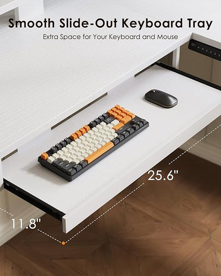 OffiGo 59 Inch L Shaped Electric Standing Desk with Drawers, Height Adjustable Corner Computer Desk with Keyboard Tray & Monitor Stand, Stand Up Table for Home Office Workstation, White