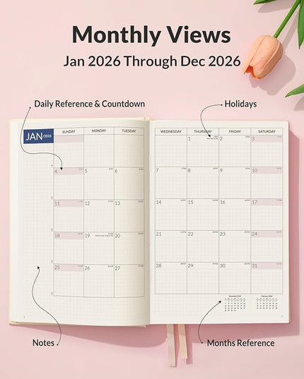 SUNEE 2026 Daily Planner A5 Hardcover – Hourly Schedule Organizer with Monthly Tabs & Task Tracker – Beige Cover Time Management Notebook for Work, School, Personal Goals