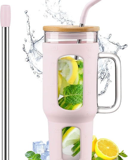 Glass Tumbler with Lid and Straw, 46 oz Iced Coffee Cup with Handle, Large Water Bottles with Silicone Sleeve, Glass Cup with Straws - Pearl Straw & Drinking Straw BPA Free-CottonPink