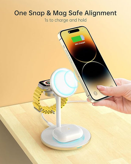 XooFly 3 in 1 Wireless Charging Station for Apple Devices, Fast Wireless Mag-Safe Charger Stand with 20W Adapter for iPhone 17/16 15 14 13 12 Pro Max/Pro/Plus/Air/Mini, iWatch, AirPods (Gold)