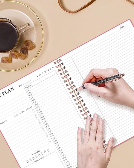 Daily Planner Undated - A4 To Do List Notebook Hourly Schedules, Spiral Appointment Planner for Women and Men,PVC Hardcover, Inner Pocket, Elastic Closure, 8.5" x 11", Pink
