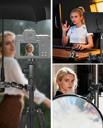 NEEWER Double Super Clamp Mount with Magic Arm, 360° Umbrella Flag Pole Clamp Holder for Desk Photo Studio Light Stand Photography Reflector Scrim Cross Bar Motorcycle Handlebar Stroller Chair, CA160
