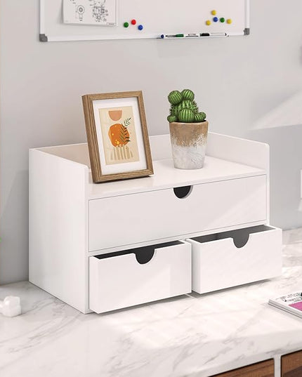 Bamboo Desk Organizer with Drawers Desktop Storage Drawers for Bills Office Supplies Kitchen Utensils Organizing Tool for Home Classroom Organization No Assembly (White with Shelf)