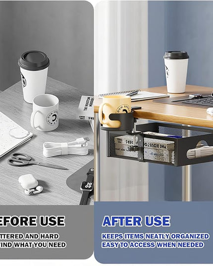 Cup Holder Under Desk Drawer 360° Swivel C-clamp Mounting Mesh Storage Box Spill-proof Easy Install Table Management Tray