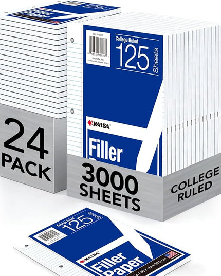 Kaisa Notebook Paper 24 Pack 8x10.5 College Ruled Loose Leaf Paper Filler Paper for 3-Ring Binder Paper 125 Sheets/Pack Notebook Paper 3-Hole Punched Lined Paper(24Pack-college)