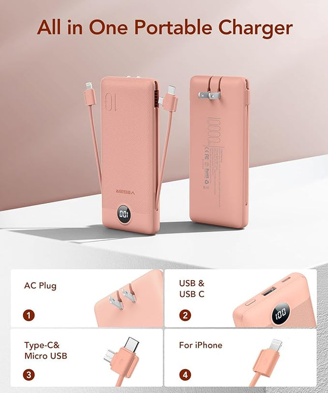 VEGER Portable Charger for iPhone Built in Cables and Wall Plug, 10000mah Slim Fast Charging USB C Power Bank, Travel Essential Battery Pack Compatible with iPhones, iPad, Samsung(Dark Pink)