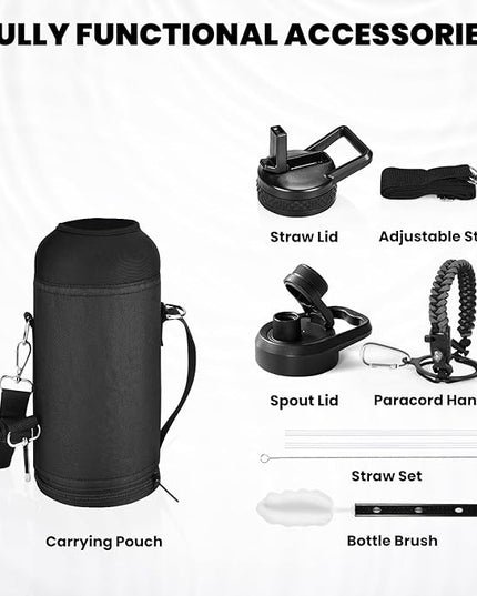 Insulated Water Bottle 32 oz, Triple Wall Vacuum Stainless Steel (Cold for 48 Hrs), Leak Proof & Non-BPA, Modern Water Flask Jug with Paracord Handle & Straw Spout Lids, Dark Grey