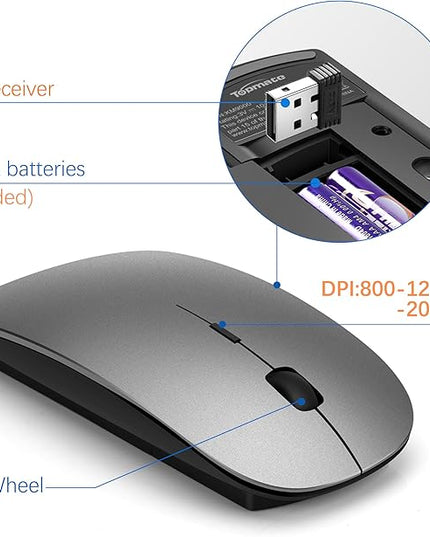 Wireless Keyboard and Mouse Ultra Slim Combo, TopMate 2.4G Silent Compact USB 2400DPI Mouse and Scissor Switch Keyboard Set with Cover, Batteries Included, for PC/Laptop/Windows/Mac - Gray Black