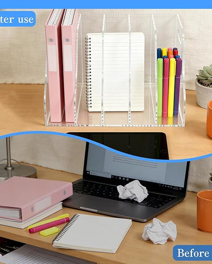 5-Tier Clear Acrylic File Holder, Vertical Document Organizer for Magazines, Binders, Notebooks & Envelopes - Multi-Purpose Desk Storage for Home Office（A4,5 Sections）