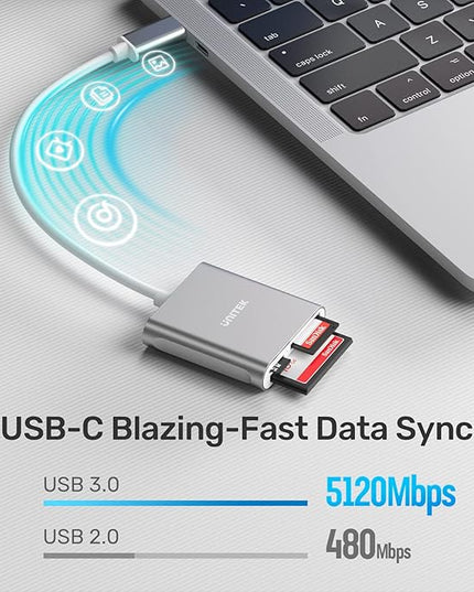 Unitek USB C SD Card Reader, Aluminum 3-Slot USB 3.0 Type-C Flash Memory Card Reader for USB C Device, Supports SanDisk Compact Flash Memory Card and Lexar Professional CompactFlash Card - Grey