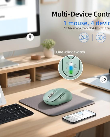 Wireless Bluetooth Mouse for Laptop,USB+BT×2,Quiet Ergo Computer Mouses,Metal 4-Way Super Scrolling,± 3200 DPI,Rechargeable,10 Button,Plug&Play,Multi Device Cordless Mice for iPad,Tablet,Mac,PC(Green)