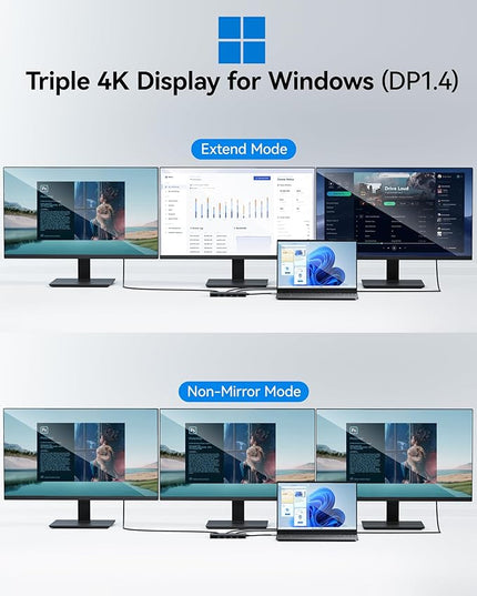 USB C Docking Station Dual Monitor, Selore Docking Station 3 Monitors Triple 4K Display with 2 HDMI, DisplayPort, 1 Gbps Ethernet, 100W PD Charging, USB 3.0 Ports Adapter for Dell, HP, etc(Black)