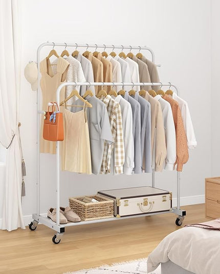 Laiensia Double Rods Garment Rack with Wheels, Clothing Rack for Hanging Clothes,4 Hooks, Multi-functional Bedroom Clothes Rack, White