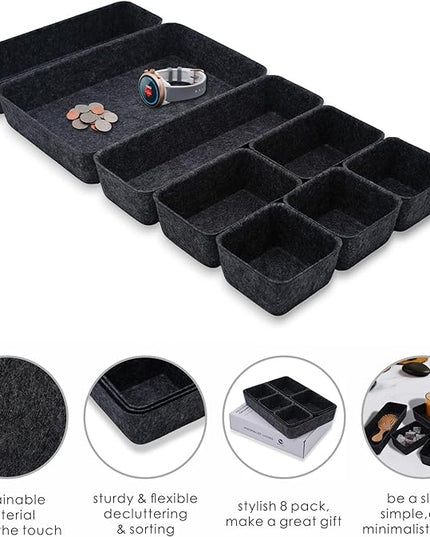 Welaxy Desk Drawer Organizer Tray, 8-Piece Shallow Felt Office Storage for Pens & Accessories (Charcoal)