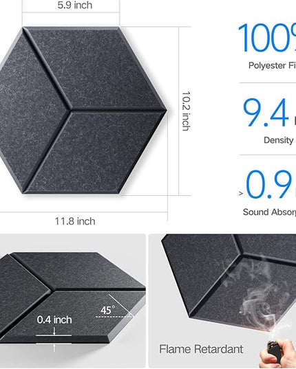 22 Pack Self-Adhesive Acoustic Panels 12" X 10" X 0.4" - Sound Proof Foam Panels with High Density, Y-Lined Design, Flame Resistant, Absorb Noise and Eliminate Echoes(Dark Gray)