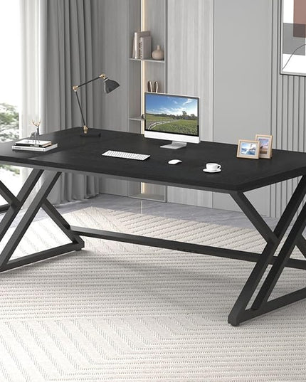 LVB 70.8" Black Computer Desk, Large Industrial Pc Study Home Office Desk, Long Modern Wood Gaming Work Writing Desk for 2 Person, Farmhouse Double Workstation Executive Desk with Storage in Bedroom