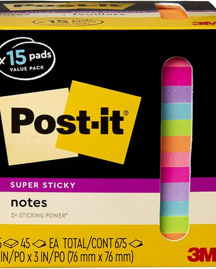 Post-it Super Sticky Notes, Assorted Bright Colors, 3x3 in, 15 Pads/Pack, 45 Sheets/Pad, 2X The Sticking Power, Recyclable, Multi-Color