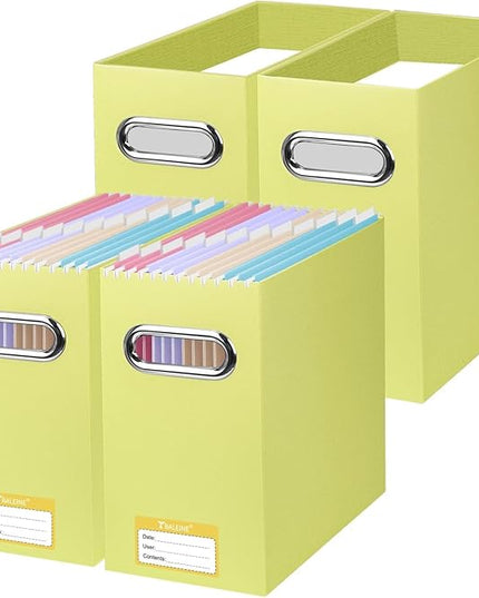 BALEINE File Organizer Box, Cardboard File Folder Organizer with Handle for Letter Size, Portable Collapsible Hanging Filing Box for Home Office Document Storage (4 Pack, Yellow)