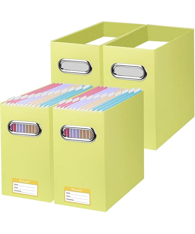 BALEINE File Organizer Box, Cardboard File Folder Organizer with Handle for Letter Size, Portable Collapsible Hanging Filing Box for Home Office Document Storage (4 Pack, Yellow)