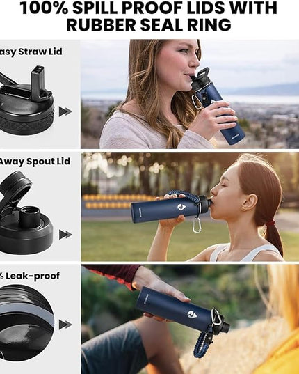 Insulated Water Bottle 24oz, Triple Wall Vacuum Stainless Steel (Cold for 48 Hrs, Hot for 24Hrs), Leak Proof & Non-BPA, 24oz Hydro Water Flask with Paracord Handle & Straw Spout Lids