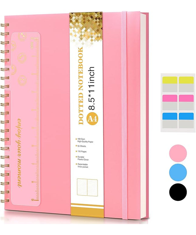 Dotted Notebook, Spiral Notebook Journal 8.5” x 11”, A4 Large Dot Grid Notebooks for Women Men, 100 GSM Dotted Paper, Plastic Hardcover Spiral Bullet Journals for Work School Sketching, Pink