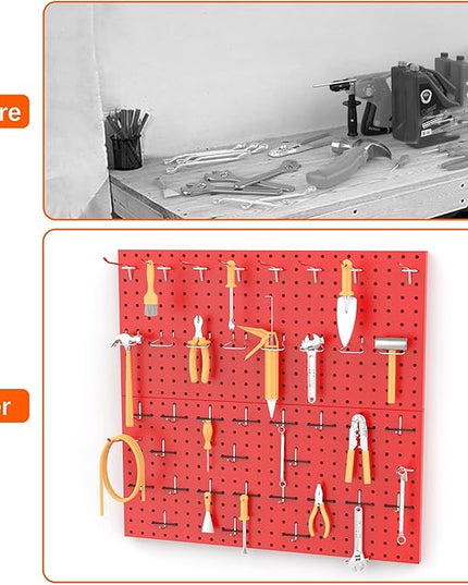 TORACK Metal Pegboard Wall Organizer 24" x 24" or 12" x 48", 70 PCS Tool Storage Pegboard for Garage Tool Organizer Board with Pegboard Hooks for Workbench(Red)