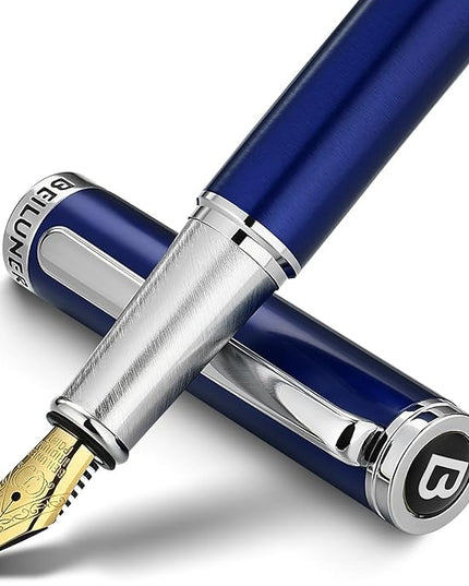 BEILUNER Luxury Fountain Pen Set,Solid 24K Gilded Fine Nib, Modern Classic Limited Edition -Includes 6 Ink Cartridges&Ink Refill Converter with Gift Case-Perfect for Men and Women（Charming blue）