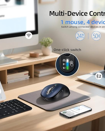 Bluetooth Wireless Mouse for Laptop,USB+BT×2,USB-C Charging,Quiet 3 Multi Device Mouses,Metal 4-Way Super Scrolling,± 3200 DPI,10 Buttons,Plug&Play,Ergo Computer Cordless Mice,iPad/Tablet/Mac/PC/Phone