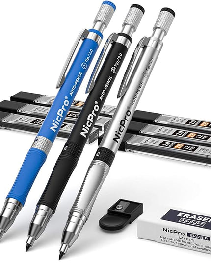 Nicpro 11 Pieces 2mm Mechanical Pencil Set, 3 PCS Carpenter Drafting Pencil 2.0 mm for Art Drawing Writing Sketching Construction with 6 Tube Pre-Sharpen HB & 2B Refill, Eraser, Sharpener