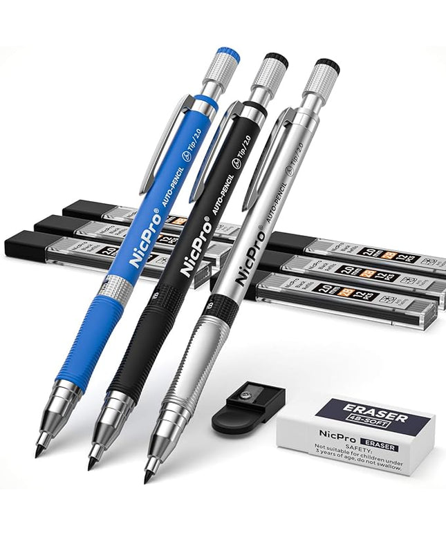 Nicpro 11 Pieces 2mm Mechanical Pencil Set, 3 PCS Carpenter Drafting Pencil 2.0 mm for Art Drawing Writing Sketching Construction with 6 Tube Pre-Sharpen HB & 2B Refill, Eraser, Sharpener