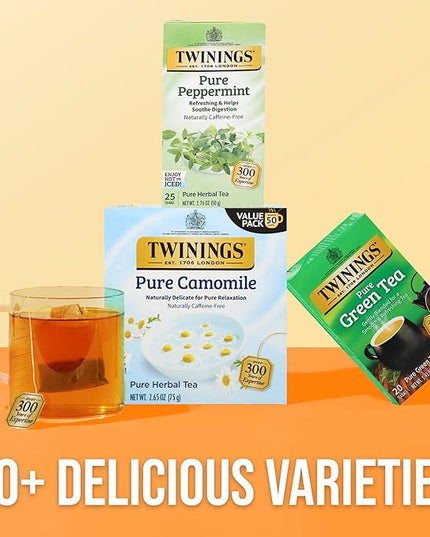 Twinings Pure Peppermint Herbal Tea Individually Wrapped Bags, 25 Count (Pack of 6), Fresh Minty Flavour, Naturally Caffeine-Free, Enjoy Hot or Iced, 150 Teabags