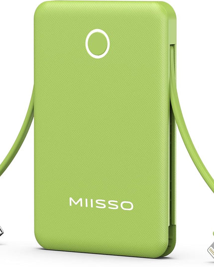 miisso 6000mah Ultra Slim Built in Cables Power Bank, Card Size Built in USB C Cords Battery Pack Portable Charger for Phones, 3 Output External Battery Pack Compatible with iPhone, Deep Green