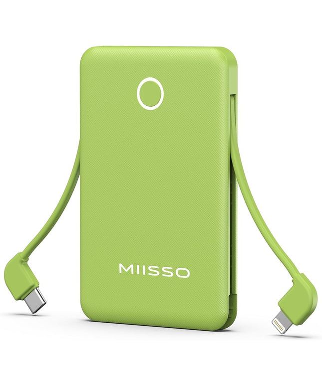miisso 6000mah Ultra Slim Built in Cables Power Bank, Card Size Built in USB C Cords Battery Pack Portable Charger for Phones, 3 Output External Battery Pack Compatible with iPhone, Deep Green