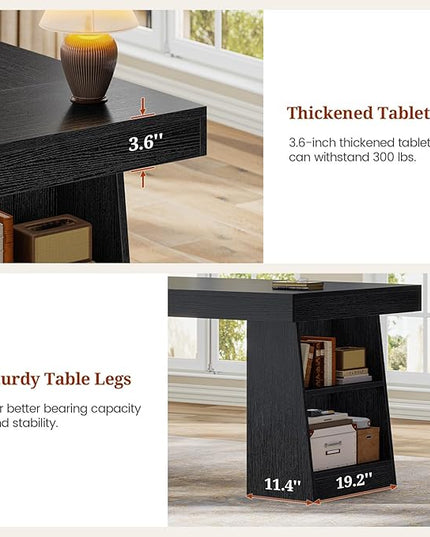 55.9 in Executive Desk with Power Outlets, Modern Home Office Desk with Storage Shelves, Wood Computer Desk Business Workstation Desk Conference Table, Black (Storage Shelves)