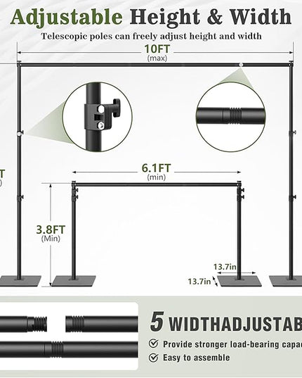 Backdrop Stand 10x10 ft Adjustable Photo Backdrop Stand Kit, Heavy Duty Pipe and Drape Photography Background Support with Flat Metal Base for Wedding, Party, Video Studio, Birthday, Black