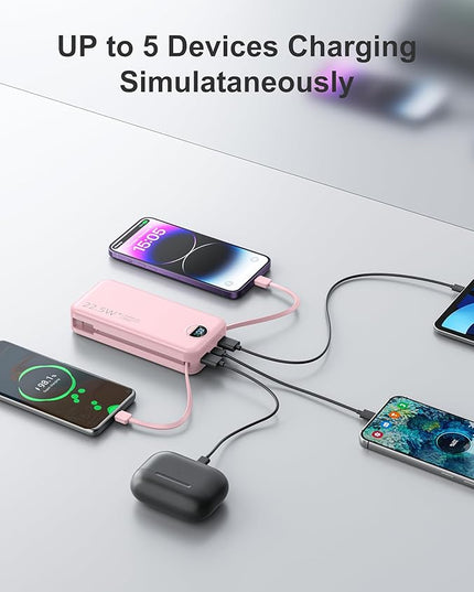 20000mAh Ultra-Portable-Charger-Power-Bank PD20W with Built in Cables&AC Wall Plug,Fast Charging Cell Phone Charger Battery Pack,LED Display Travel Battery Bank for All iPhone,Samsung,Android