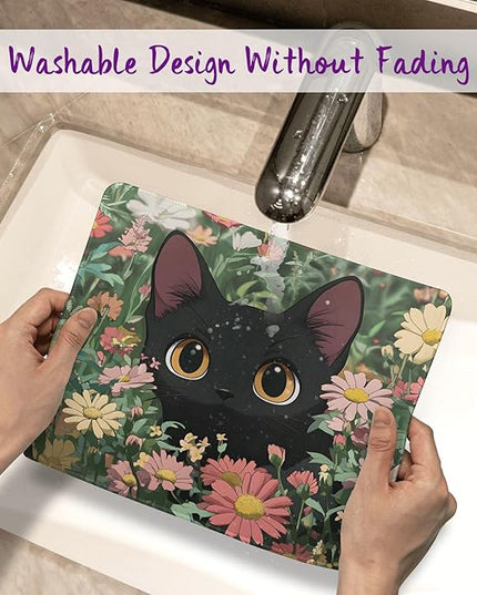 Black Cat Among Flowers Mouse Pad Square Mouse Mat Non-Slip Rubber Base Mousepad with Stitched Edge, Portable MousePads for Desk Computers Laptop Office, 9.5x8 Inches