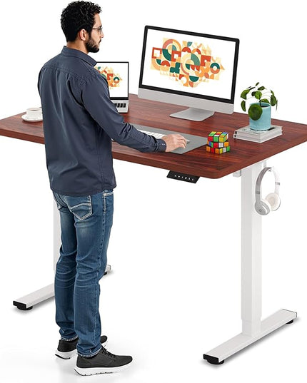SANODESK Electric Standing Desk 48 x 30 Inches Whole-Piece Desktop Height Adjustable Stand Up Desk w/6-Button Controller Ergonomic Computer Desk for Home Office, White Frame + Mahogany Tabletop