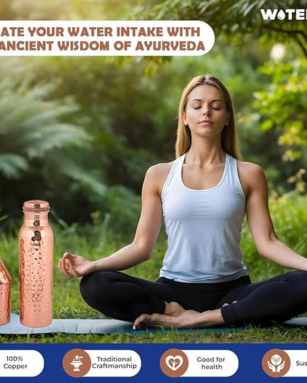 Hammered Copper Water Bottle (34 Oz /1000ml) With Set Of 2 Tumbler (10 Oz/300ml Each) | Best use for Office,Gym & gifts |100% Pure Copper Material with Leak proof Quality Made In India