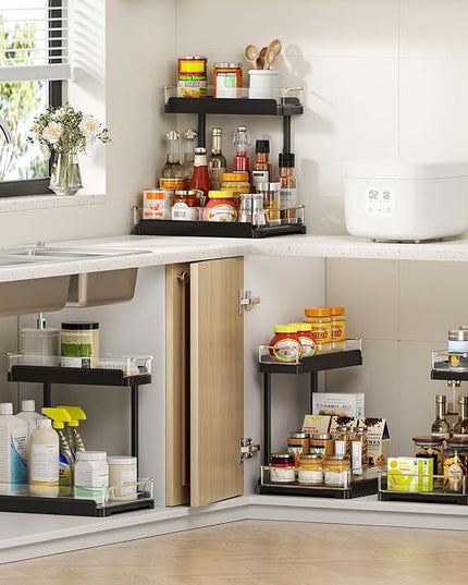 heart & home 1-Pack Under Sink Storage Organizer for Kitchen & Bathroom Cabinets with Removable Washable Tray, Tool-Free Assembly – Multi-Purpose for Kitchen Countertop, Vanity, & Laundry Room，Black